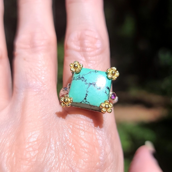 Turquoise & Amethyst sterling & gold daisy ring sz 8.5 - Picture 5 of 9